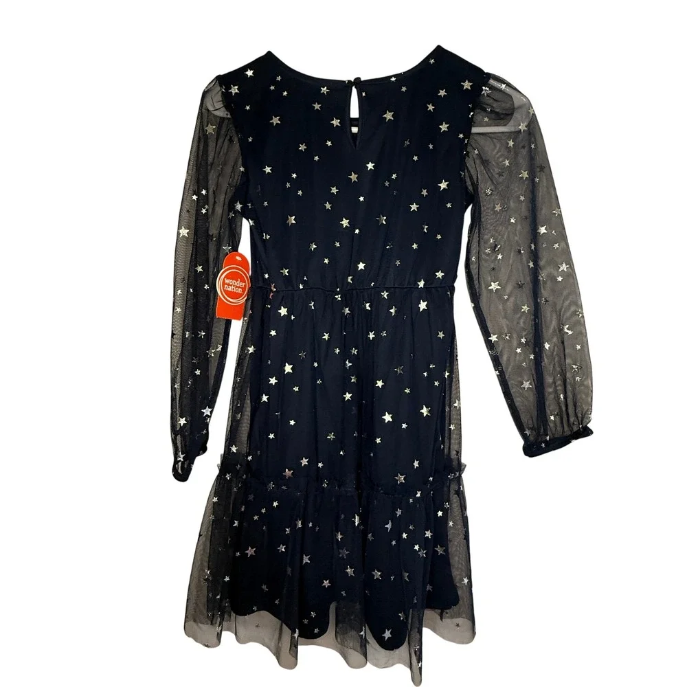 Wonder Nation Girls 7-8 Navy Silver Star Tulle Party Dress Long Sleeve NWT